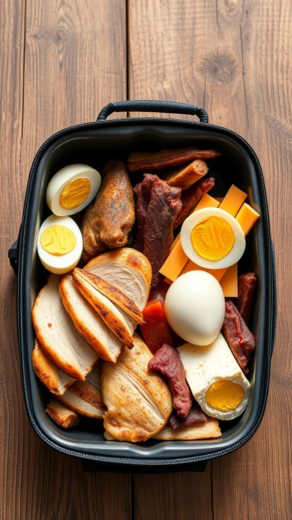 A carnivore diet lunchbox with grilled chicken, hard-boiled eggs, cheese, and beef jerky.